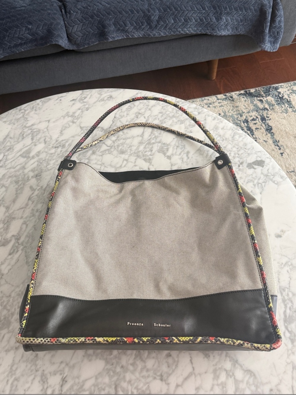Proenza Schouler Neutral Canvas & Black Leather Tote with Multicolor Trim